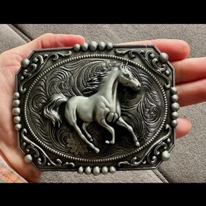 Large Silver Western Galloping Horse belt buckle